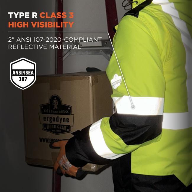 Type R Class 3 high visibility. 2Ó reflective material. Compliant to ANSI/ISEA 107 standards