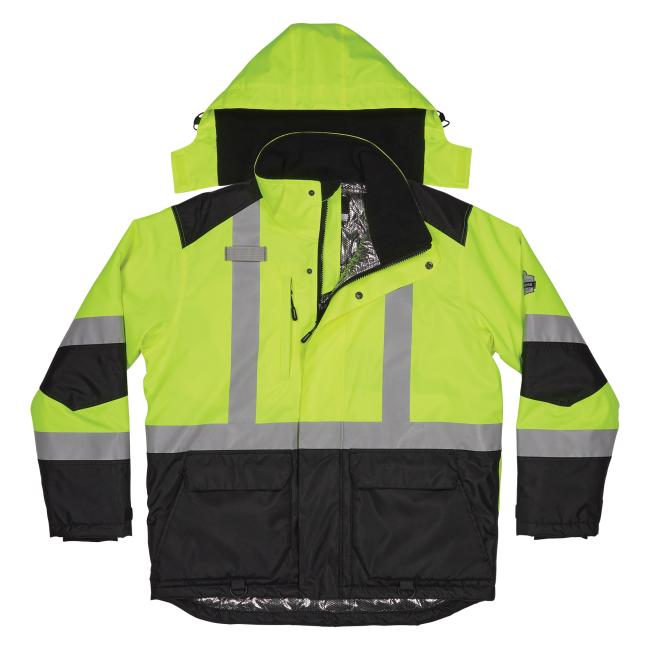 Front view of hi-vis reflective lining jacket with hood