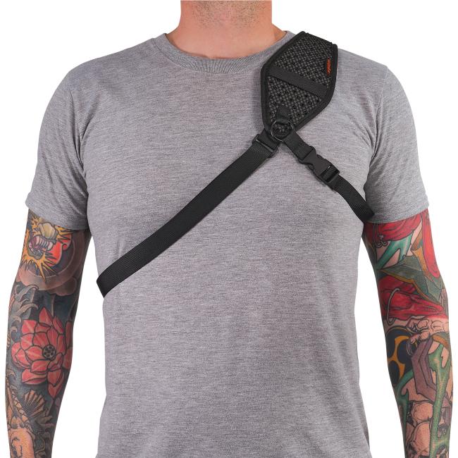 Front of breakaway barcode scanner sling lanyard with eva foam padded shoulder on model