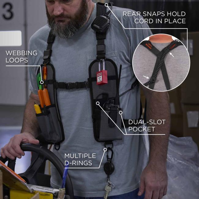 Features include webbing loops, rear snaps that hold the cord in place, a dual-slot pocket, and multiple D-rings for versatile attachment and storage options