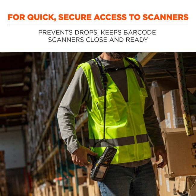 For quick, secure access to scanner: prevents drops, keeps barcode scanners close and ready. Image shows warehouse worker with scanner and scanner harness