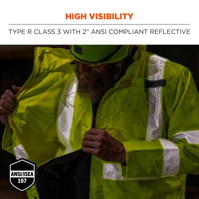 High visibility: type r class 3 with 2Ó ANSI/ISEA 107 compliant reflective.