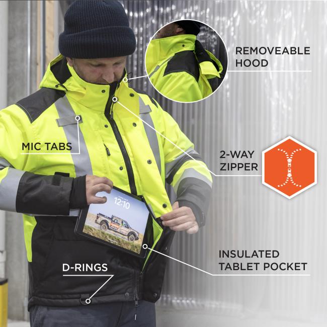 Removeable hood. 2-way zipper. Insulated tablet pocket. Mic tabs. D-rings