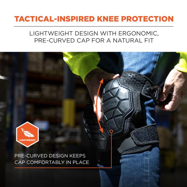 Tactical-inspired knee protection: Lightweight design with ergonomic, pre-curved cap for a natural fit. Pre-curved design keeps the cap comfortably in place.