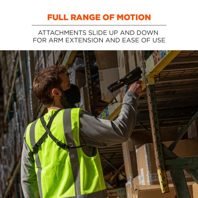 Full range of motion: attachments slide up and down for arm extension and ease of use. Image shows warehouse worker easily using scanner while attached to harness.