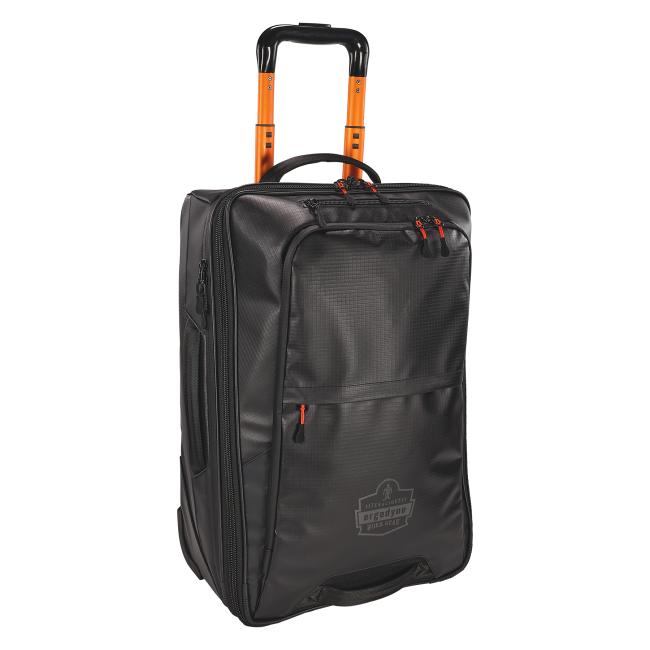 3q view of a wheeled softside carry on luggage with an extended handle