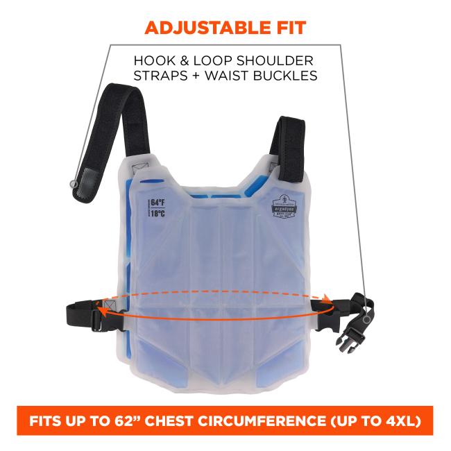 The cooling vest features an adjustable fit with hook-and-loop shoulder straps and waist buckles. It accommodates chest circumferences up to 62 inches (up to 4XL).