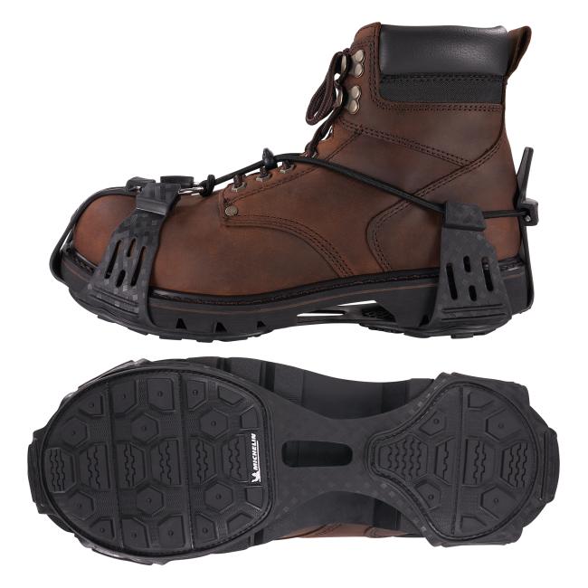 Combo view of side and sole of spikeless ice traction device on boot