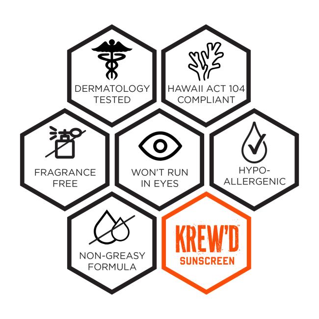 Krewd Sunscreen: dermatology-tested, Hawaii Act 104 compliant, fragrance free, will not run in eyes, hypoallergenic, non-greasy formula.