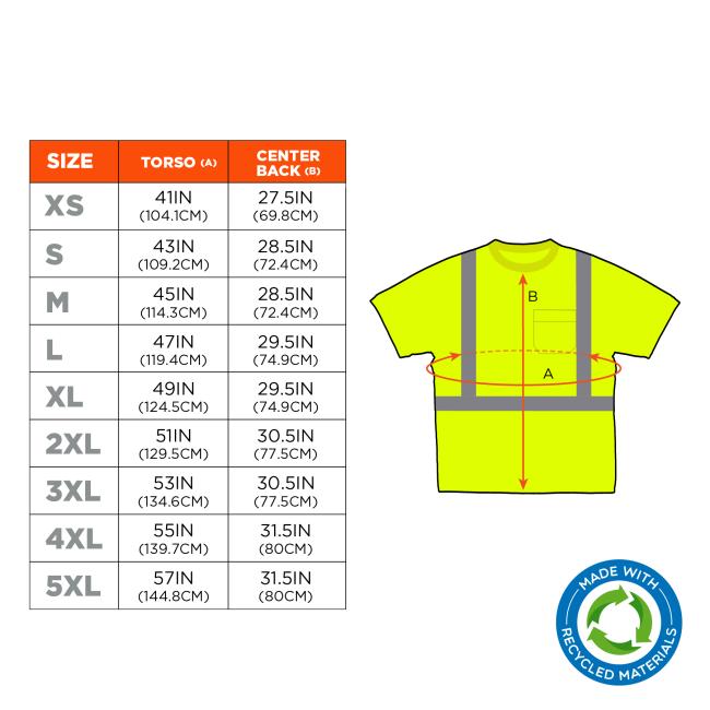 Size chart: XS: Torso (A) is 41 inches (104.1 cm) and center back (B) is 27.5 inches (69.8 cm). S: Torso (A) is 43 inches (109.2 cm) and center back (B) is 28.5 inches (72.4 cm). M: Torso (A) is 45 inches (114.3 cm) and center back (B) is 28.5 inches (72.4 cm). L: Torso (A) is 47 inches (119.4 cm) and center back (B) is 29.5 inches (74.9 cm). XL: Torso (A) is 49 inches (124.5 cm) and center back (B) is 29.5 inches (74.9 cm). 2XL: Torso (A) is 51 inches (129.5 cm) and center back (B) is 30.5 inches (77.5 cm)