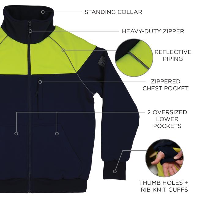 This insulated cooler jacket is designed with a standing collar for added warmth and protection. It features a heavy-duty zipper for durability and reflective piping for enhanced visibility. The jacket includes a zippered chest pocket for secure storage and two oversized lower pockets for convenience. Additionally, it has thumb holes and rib knit cuffs for a snug fit and extra comfort.