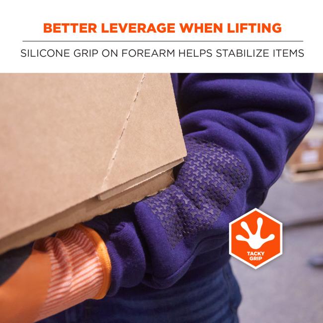 Better Leverage When Lifting. The jacket is equipped with a silicone grip on the forearm to help stabilize items while lifting, providing better leverage for handling heavy loads. This tacky grip feature enhances security and efficiency in demanding work environments.