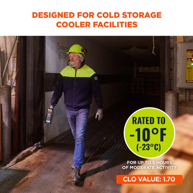 Designed for Cold Storage Coolers. This insulated cooler jacket is specifically designed for cold storage cooler facilities, ensuring warmth and comfort in temperatures as low as -10°F (-23°C). It provides up to five hours of warmth during moderate activity, with a CLO value of 1.70, making it ideal for cooler conditions.