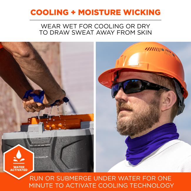 The cooling neck gaiter offers cooling and moisture-wicking capabilities. It can be worn wet for cooling or dry to draw sweat away from the skin. Activate the cooling technology by running or submerging it under water for one minute.