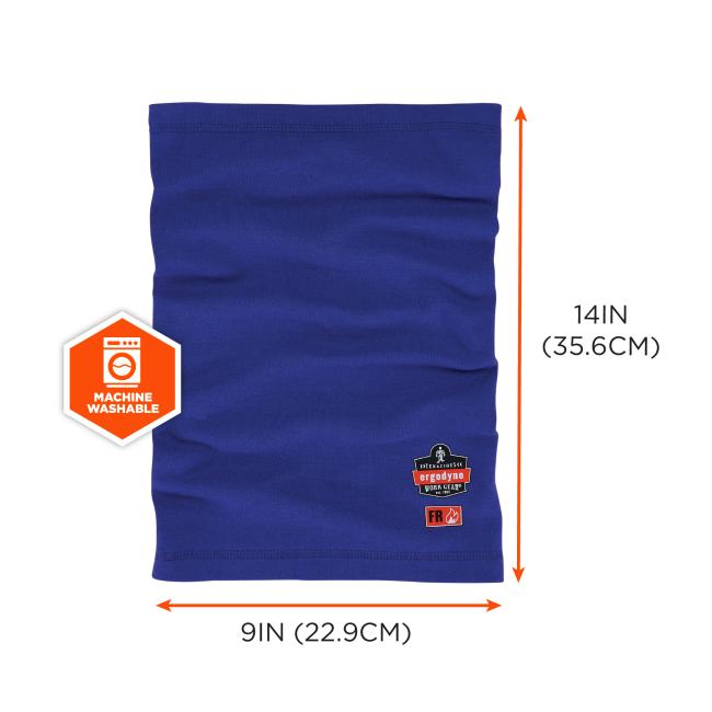 The dimensions of the fire-resistant cooling neck gaiter are 14 inches (35.6 cm) in height and 9 inches (22.9 cm) in width. It is machine washable.