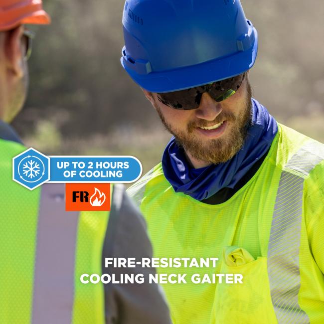 The fire-resistant cooling neck gaiter provides up to 2 hours of cooling and features fire resistance, making it suitable for challenging environments.