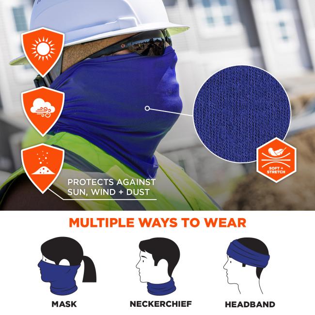 The cooling neck gaiter protects against sun, wind, and dust. It is soft, stretchy, and versatile, with multiple ways to wear it, including as a mask, neckerchief, or headband.