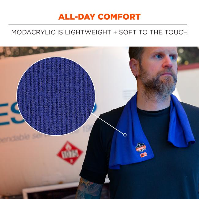 The towel is lightweight and soft to the touch, made from modacrylic fabric for all-day comfort.