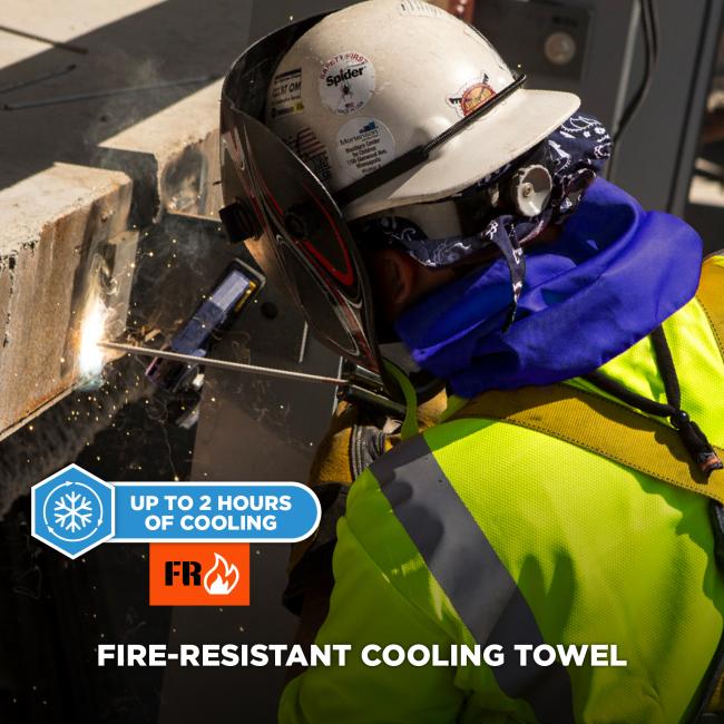 The fire-resistant cooling towel provides up to 2 hours of cooling. It is fire-resistant and suitable for work environments.