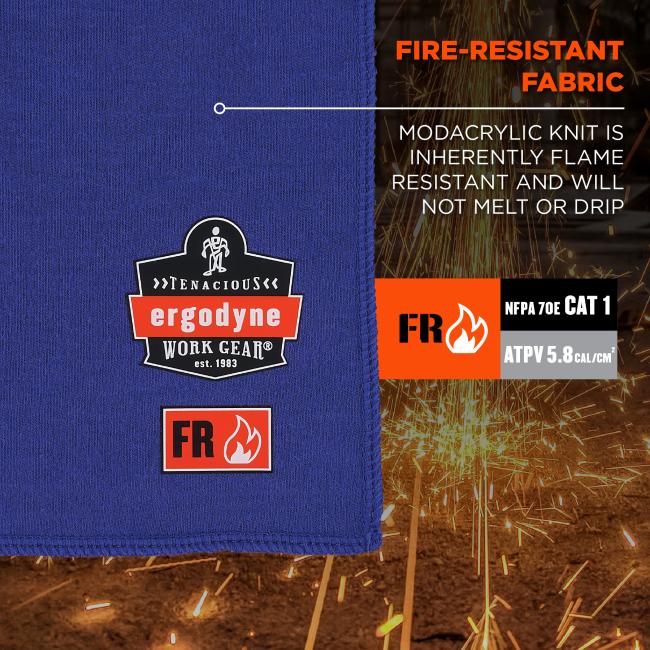 The towel is made of modacrylic knit, which is inherently flame-resistant and will not melt or drip. It complies with NFPA 70E CAT 1 standards with an ATPV rating of 5.8 cal/cm².