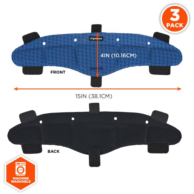 The cooling hard hat sweatband measures 15 inches (38.1 cm) in width and 4 inches (10.16 cm) in height. It is sold as a 3-pack and is machine washable.