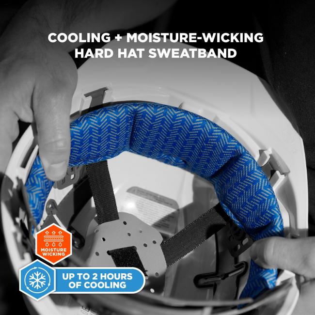 The sweatband provides cooling and moisture-wicking properties, offering up to 2 hours of cooling.