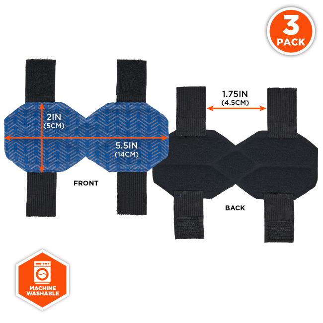 The front dimensions of the cooling hard hat ratchet pad are 2IN (5CM) in height and 5.5IN (14CM) in width, while the back measures 1.75IN (4.5CM) in height. The product is machine washable.