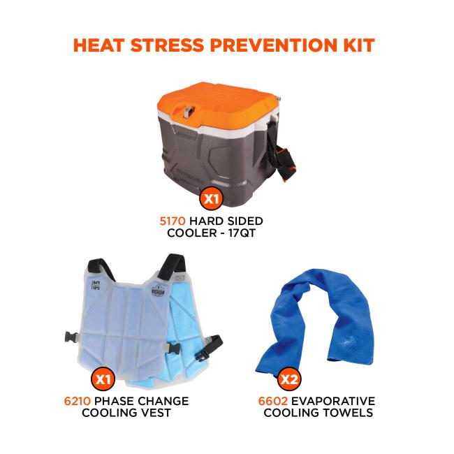 The Heat Stress Prevention Kit includes: One 5170 Hard Sided Cooler (17QT). One 6210 Phase Change Cooling Vest. Two 6602 Evaporative Cooling Towels.