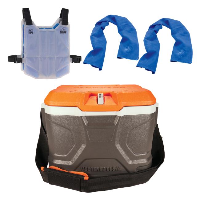 Heat stress prevention kit containing a cooler, phase change cooling ice vest and two cooling towels