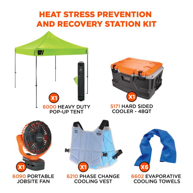 The Heat Stress Prevention and Recovery Station Kit includes: One 6000 Heavy Duty Pop-Up Tent for instant, durable shelter from the sun. One 5171 Hard Sided Cooler (48QT) for fresh hydration. One 6090 Portable Jobsite Fan providing powerful, portable cooling for hot job sites. One 6210 Phase Change Cooling Vest for core cooling. Six 6602 Evaporative Cooling Towels for instant cooling relief.