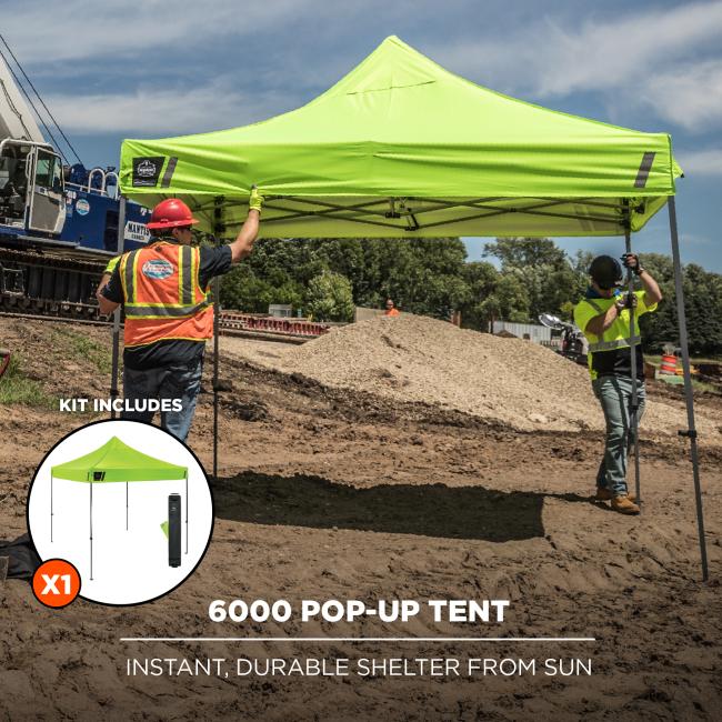 The 6000 Pop-Up Tent provides instant, durable shelter from the sun. The kit includes one pop-up tent.