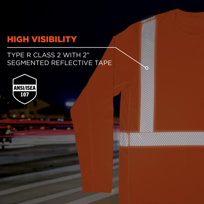 High Visibility: Type R Class 2 with 2-inch segmented reflective tape, meeting ANSI/ISEA 107 standards.