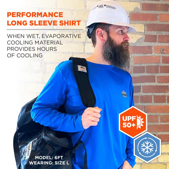 Performance Long Sleeve Shirt: When wet, the evaporative cooling material provides hours of cooling. Features UPF 50+ sun protection. Modeled by a 6-foot individual wearing size Large.