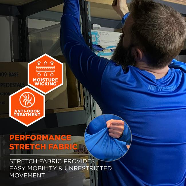 Performance Stretch Fabric: Stretch fabric provides easy mobility and unrestricted movement, featuring moisture-wicking and anti-odor treatment.