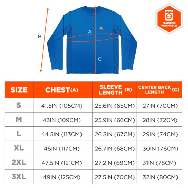 Size Chart: Small (S): Chest 41.5IN (105CM), Sleeve Length 25.6IN (65CM), Center Back Length 27IN (70CM). Medium (M): Chest 43IN (109CM), Sleeve Length 25.9IN (66CM), Center Back Length 28IN (72CM). Large (L): Chest 44.5IN (113CM), Sleeve Length 26.3IN (67CM), Center Back Length 29IN (74CM). Extra Large (XL): Chest 46IN (117CM), Sleeve Length 26.7IN (68CM), Center Back Length 30IN (76CM). 2X Large (2XL): Chest 47.5IN (121CM), Sleeve Length 27.2IN (69CM), Center Back Length 31IN (78CM). 3X Large (3XL): Chest