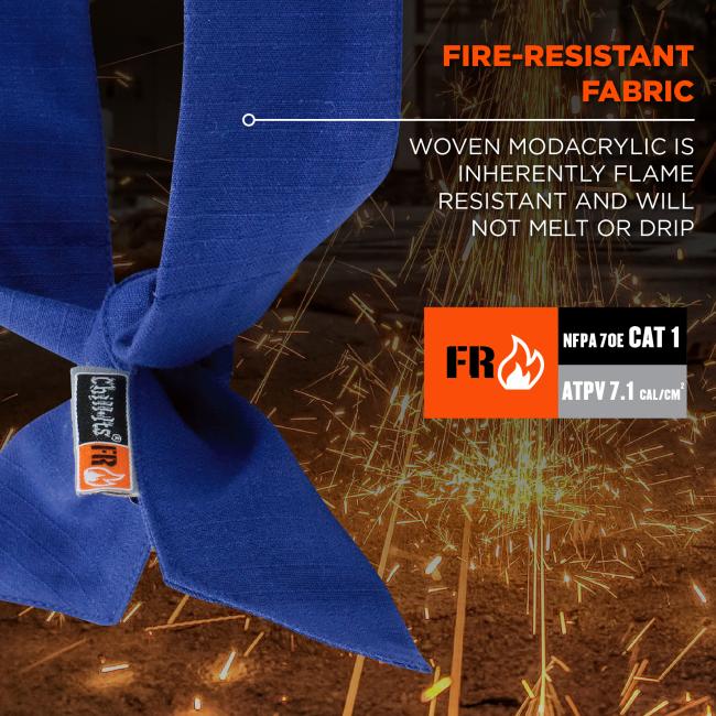 Fire-resistant fabric: woven modacrylic is inherently flame resistant and will not melt or drip. Compliant to NFPA 70E CAT 1 and ATPV 7.1 Cal/cm squared standards