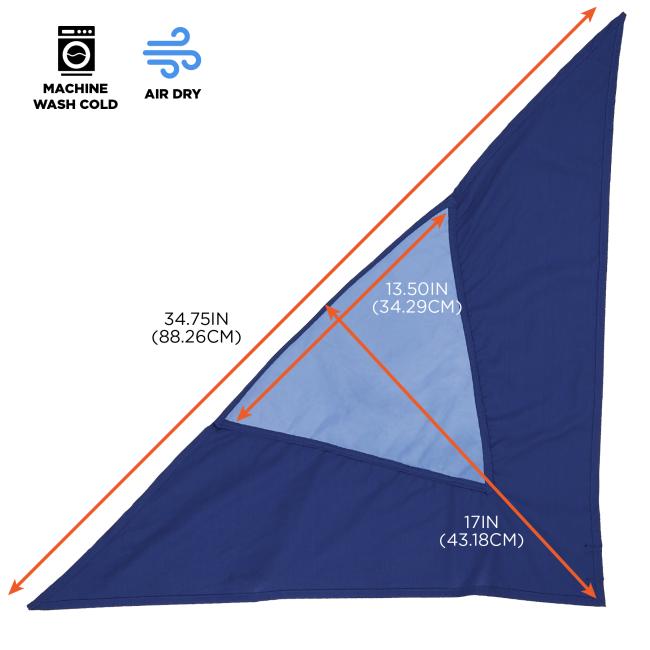 Dimensions: total length of 34.75 inches or 88.26cm and width of 17 inches or 43.18cm. Forehead band has a length of 13.5 inches or 34.29cm. Machine wash cold and air dry