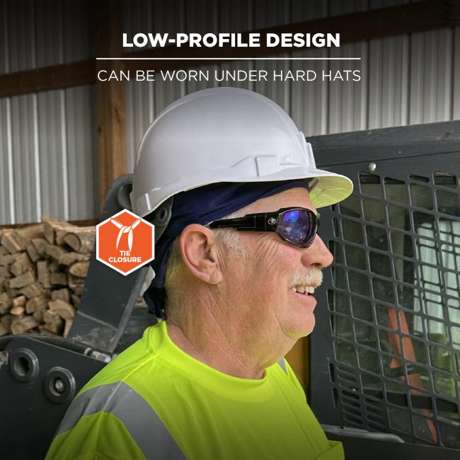 Low profile design: can be worn under hard hats. Tie closure