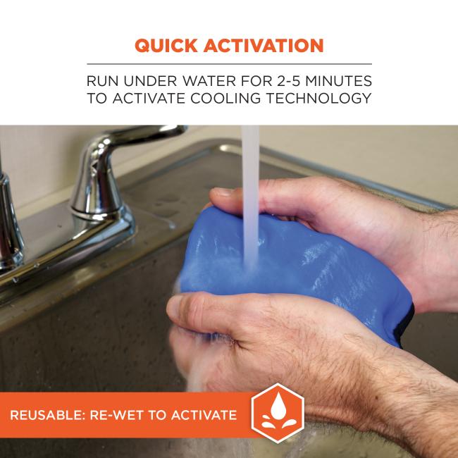 Quick activation: soak in water for 2-5 minutes to activate cooling technology. Reusable, re-wet to activate.