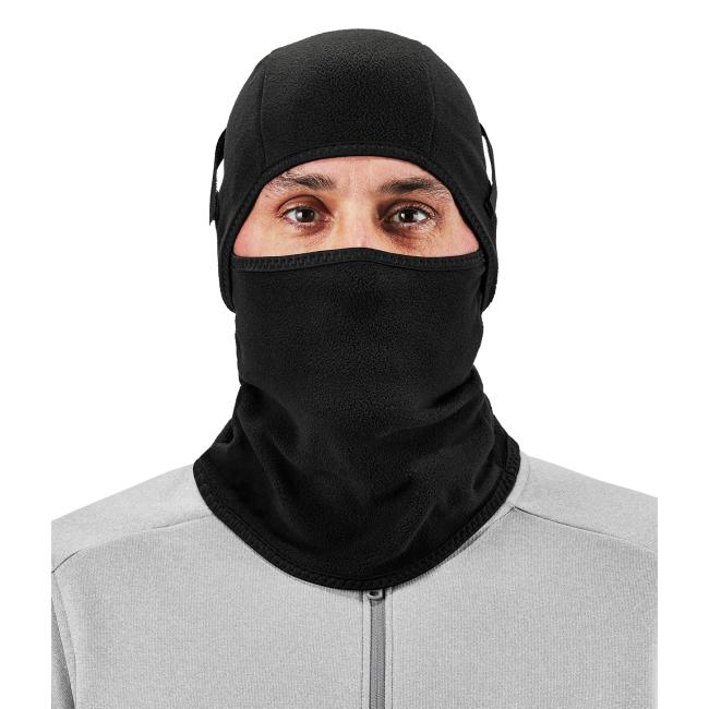 Front view of model wearing a black 2-piece fleece balaclava face mask