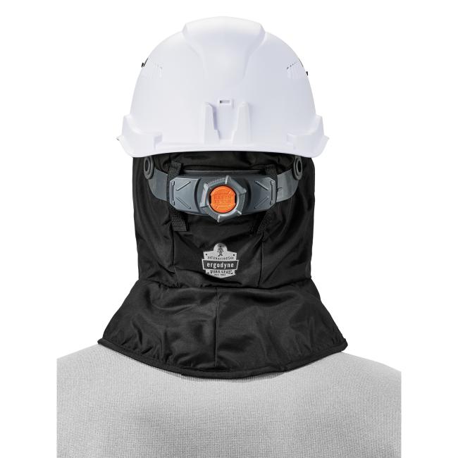 Back of model wearing a black winter hard hat liner underneath a hard hat
