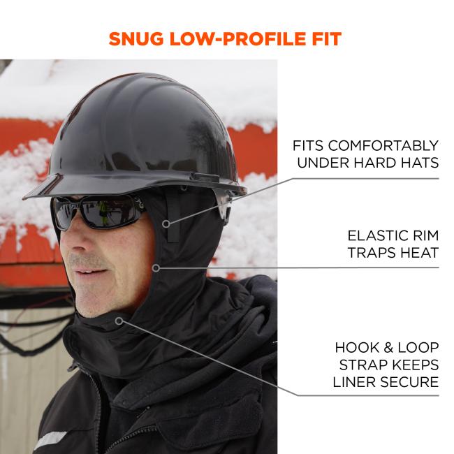Snug Low-Profile Fit: Fits comfortably under hard hats, with an elastic rim that traps heat and a hook-and-loop strap that keeps the liner secure.