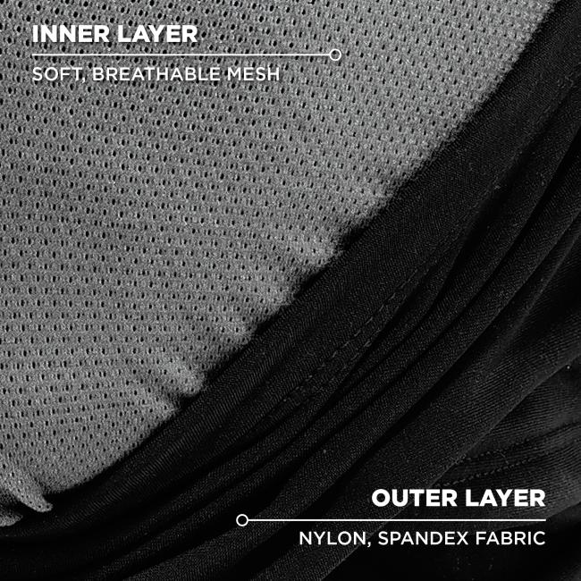 Inner Layer: Soft breathable mesh. Outer Layer: Nylon, spandex fabric.