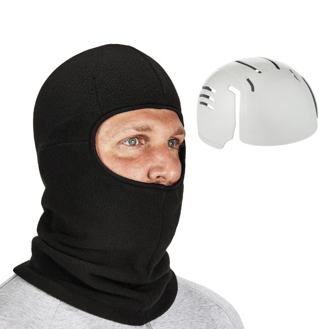 3q view of zippered balaclava face mask with bump cap