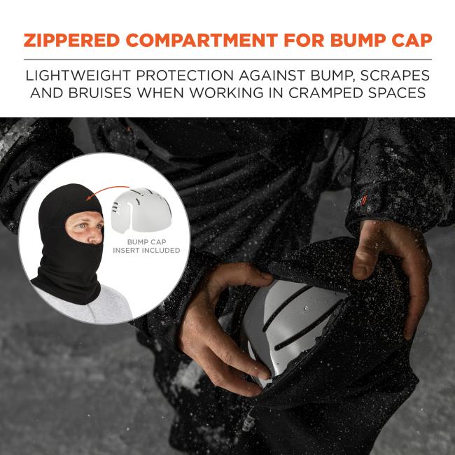 Zippered Compartment for Bump Cap: Provides lightweight protection against bumps, scrapes, and bruises when working in cramped spaces.