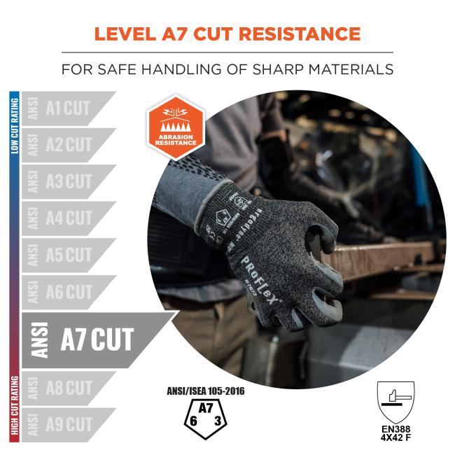 Level A7 cut resistance: For safe handling of sharp materials. ANSI A7 Cut. ANSI/ISEA 105-2016. EN388 4X42 F. Abrasion resistant.