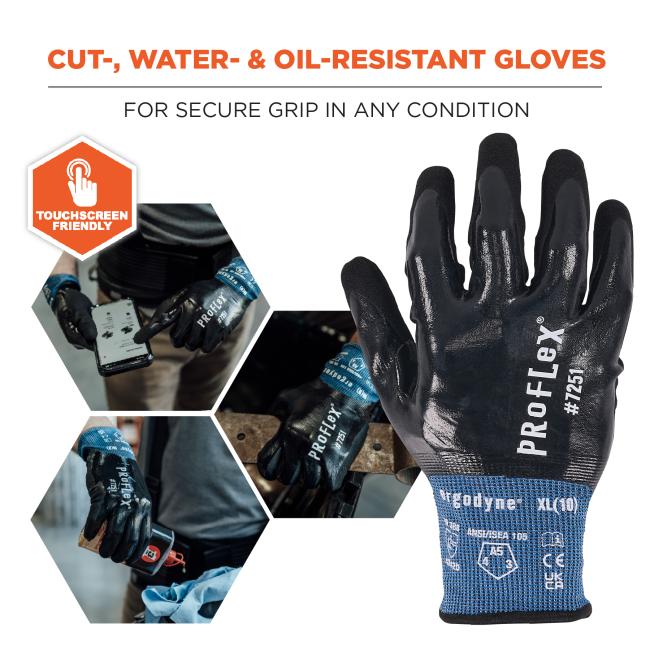 Cut-, water-, & oil-resistant gloves: For secure grip in any condition. Touchscreen friendly.