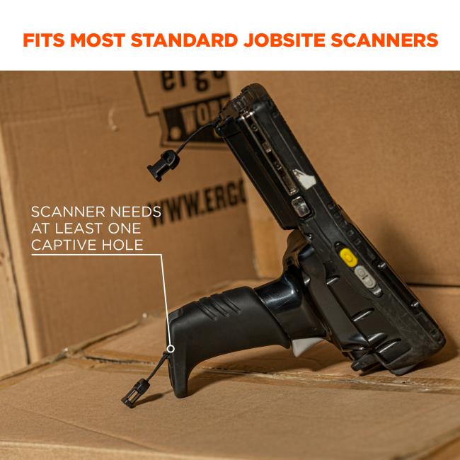 Fits most standard jobsite scanners. Image shows scanner and says Òscanner needs at least one captive holeÓ