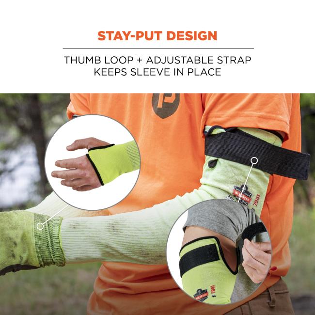 Stay-put design: Thumb loop and adjustable strap keeps sleeve in place.