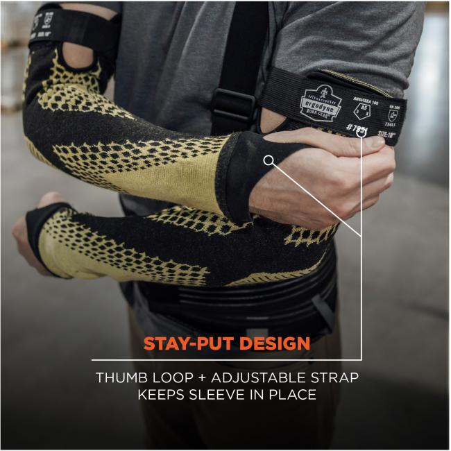 Stay-put design: Thumb loop and adjustable strap keeps sleeve in place.